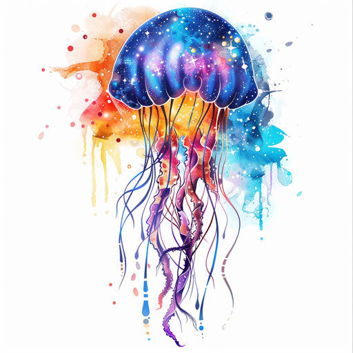 Cosmic jellyfish with stars and galaxies floating mystically