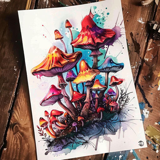 Whimsical mushroom forest tattoo, bursting with color