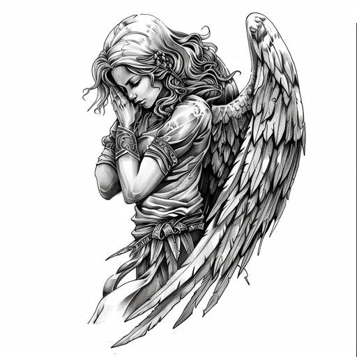 Realistic black and grey guardian angel tattoo on white background