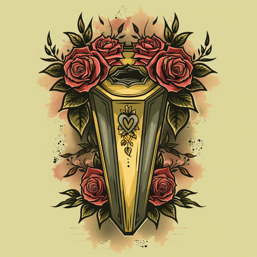 Vintage flat tattoo sketch of a coffin with old roses