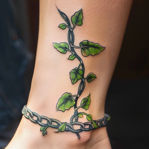 Eco-themed chain tattoo with green vines and leaves weaving through the links, on a white backdrop.