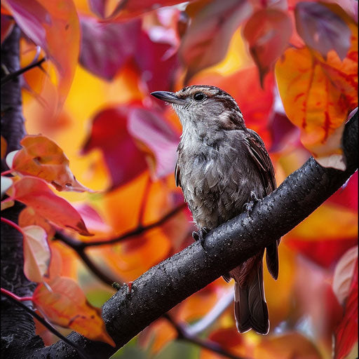 Wall creeper bird on branch amidst colorful autumn leaves