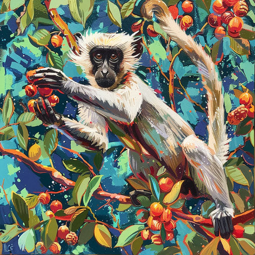 Zanzibar red colobus monkey reaching for fruit in vibrant spice farm