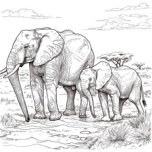 Elephant family walking trunk to tail in the dusty savannah