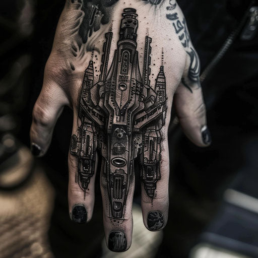 Knuckle tattoos of a spaceship