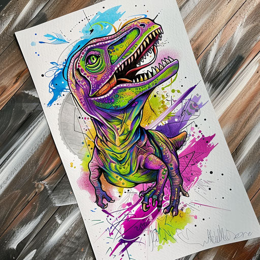 Surrealistic tattoo design of a dinosaur emerging from a portal, inked in vibrant colors on white paper