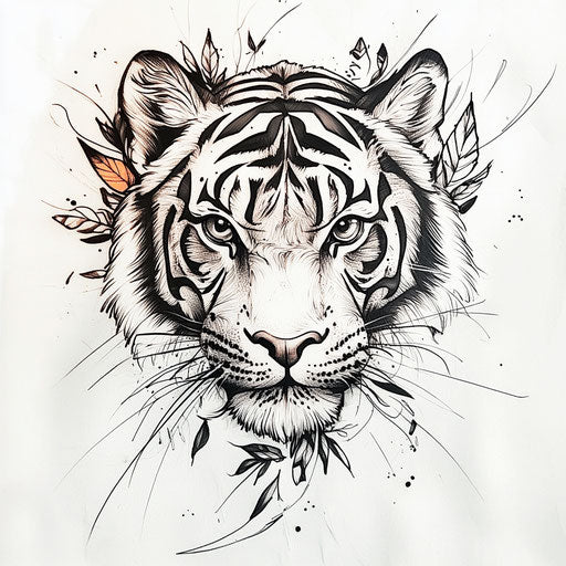 A fierce-eyed tiger inner thigh tattoo in clipart style