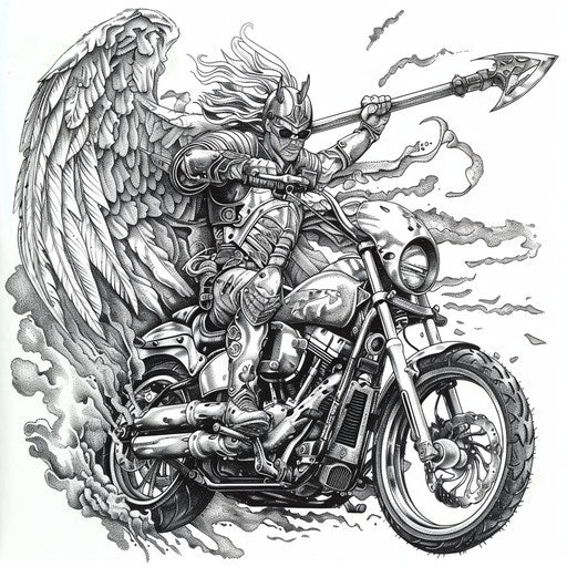 Archangel Michael in battle armor on battle motorcycle