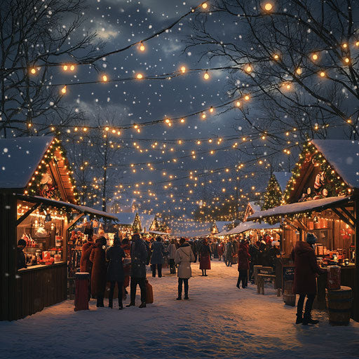 Busy holiday market in the snow, hot drinks and festive treats