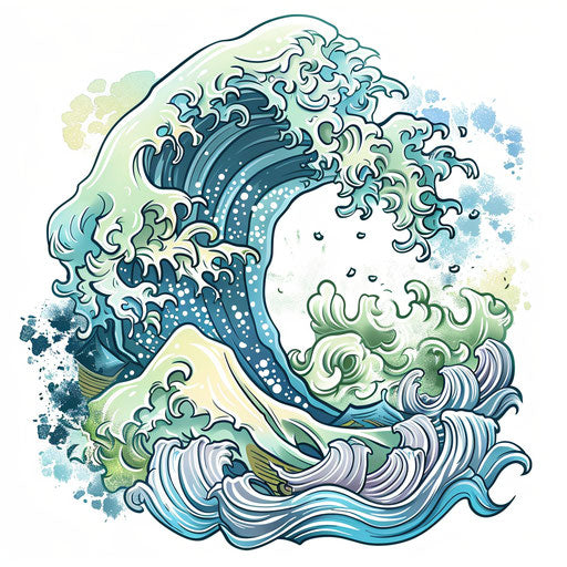 Whimsical Japanese wave tattoo sketch light blue green pastels