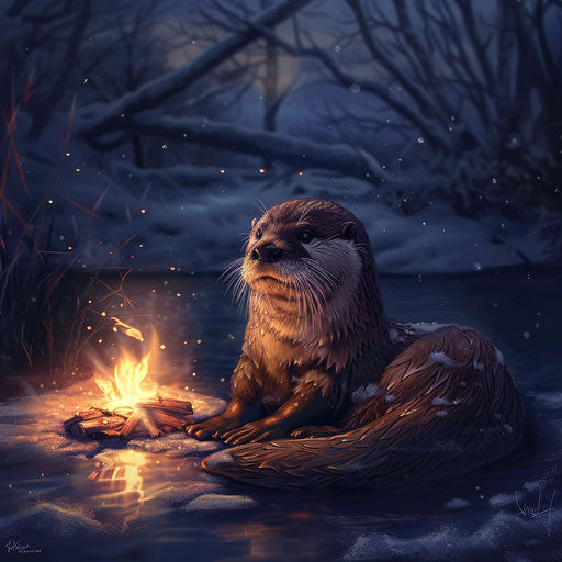 Solemn otter gazing into the firelight by the river
