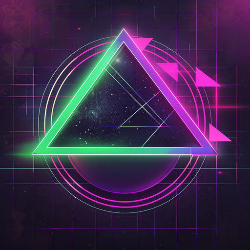 Retro 80s neon logo, neon green and purple colors on dark grid