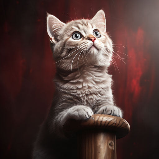 Cat on a scratching post looking up, light maroon and gray style, cute and dreamy
