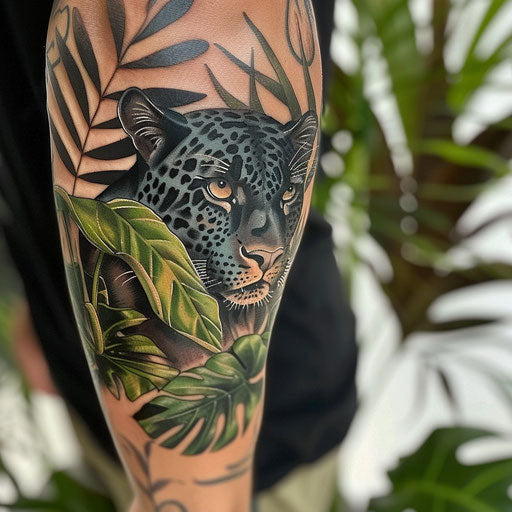 Vivid panther tattoo on white canvas with green foliage