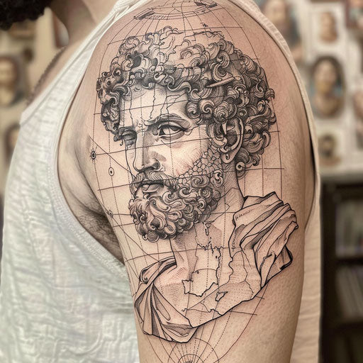 Flat tattoo sketch of Marcus Aurelius with a map of the Roman Empire in the background