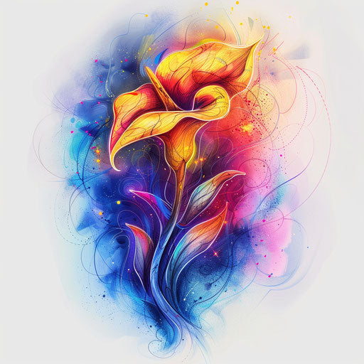 Dynamic clipart-style tattoo sketch of a calla lily with exploding particles effect in bright hues