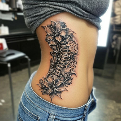 Women's rib tattoos: biomechanical and floral fusion