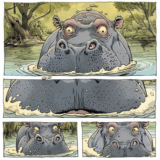 Humorous adventures of a hippo in its daily life