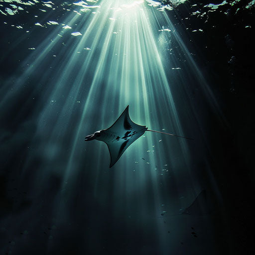 Manta ray swimming gracefully with shafts of sunlight piercing