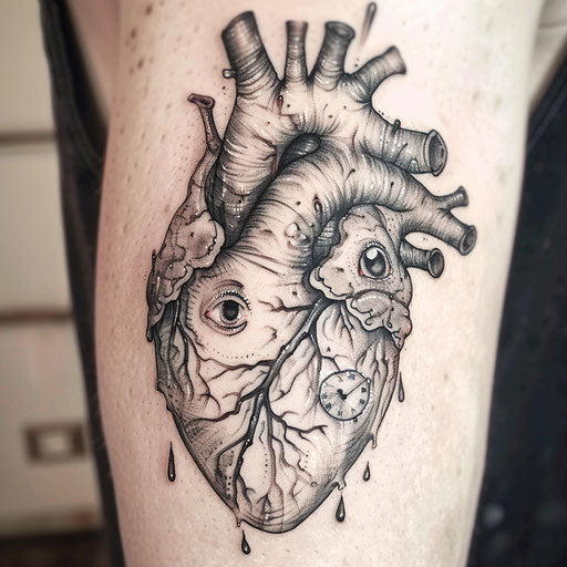 Surreal anatomical tattoo on white background