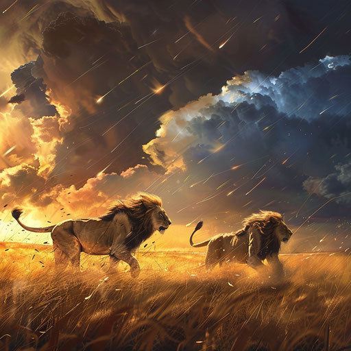 Lions chasing in thunderstorm on the plain