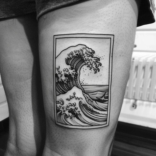 Fine line wave tattoo in the style of Steve Sack