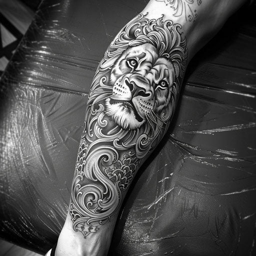 Lion tattoos for men with medieval fantasy, in the style of Peter Jackson