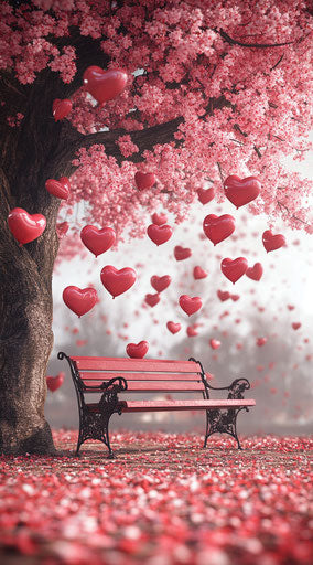 Valentine's Day bench under tree with heart-shaped balloons