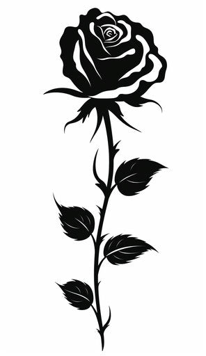 Black drawing of a rose in cut-out silhouette style
