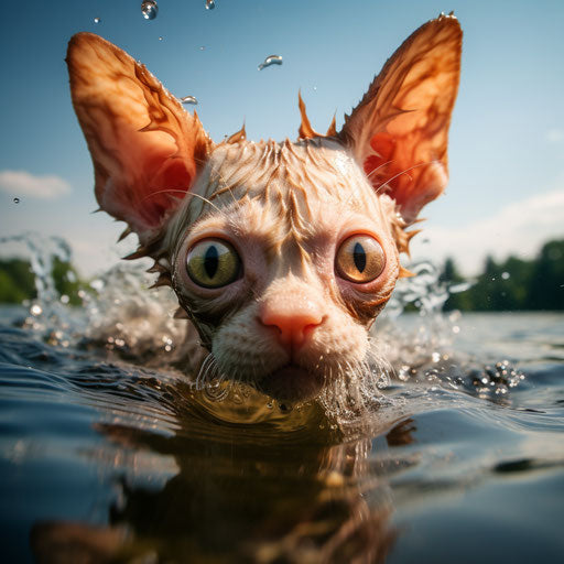 Devon Rex cat swimming in a lake by the shore