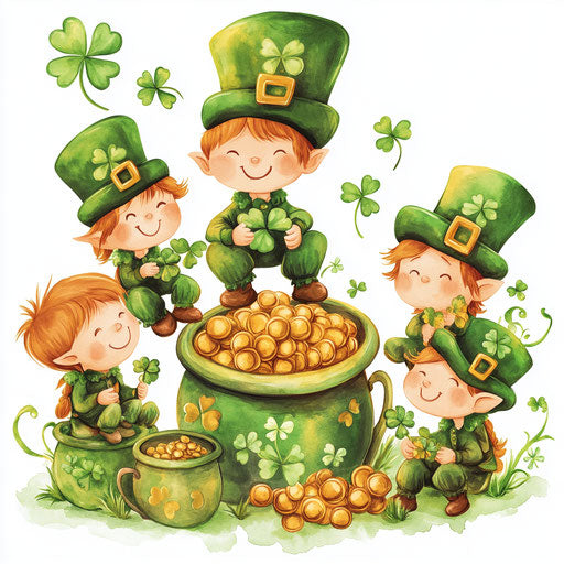 St. Patrick's Day, cute baby leprechauns by pots of gold and shamrocks, clipart sublimation style, white background, large hat