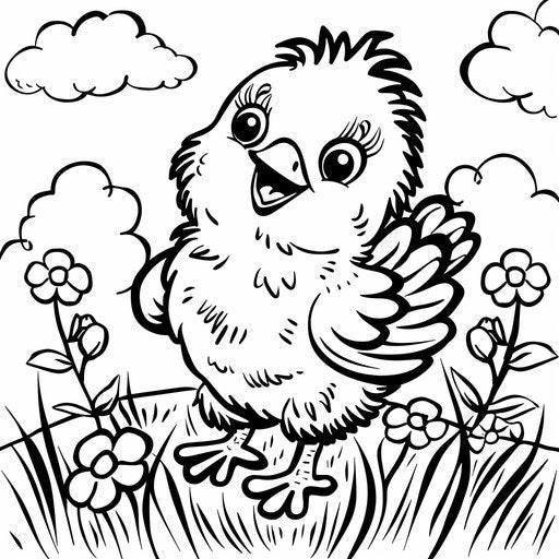 Vibrant cartoon scene with a playful chick in the style of Walt Handelsman