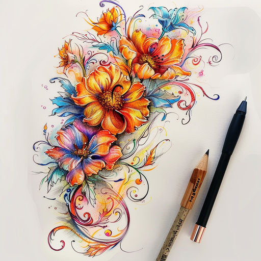 Fantasy tattoo sketch of October birth flowers intertwined with mythical elements and whimsical colors