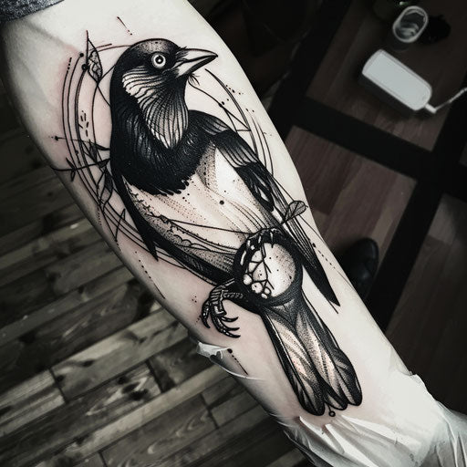 Bold and dark flat tattoo sketch with a magpie clutching a shiny object