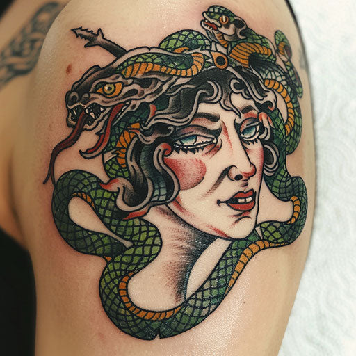 Gorgon head with green snakes on white canvas