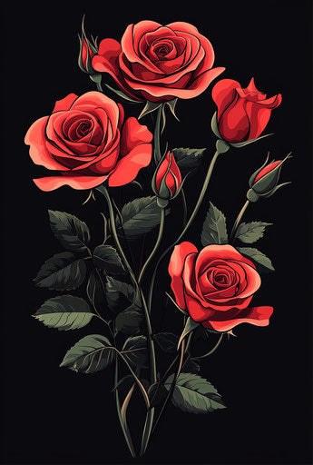 Red roses, vector art, black background, red and dark gradient color scheme, dark fantasy style