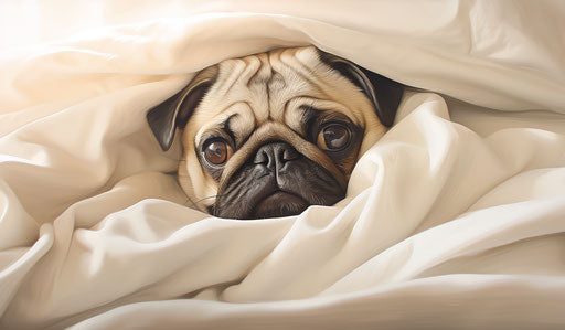 Small pug under a blanket in a bed at home