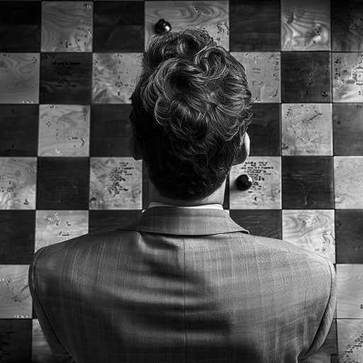 Businessman on a chessboard, strategizing his next move