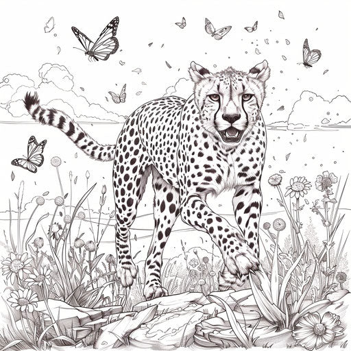 Cheetah in a field of wildflowers with butterflies
