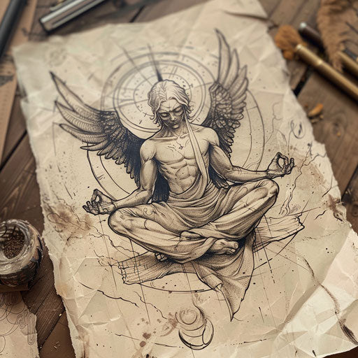 Tranquil tattoo sketch of the angel of death meditating