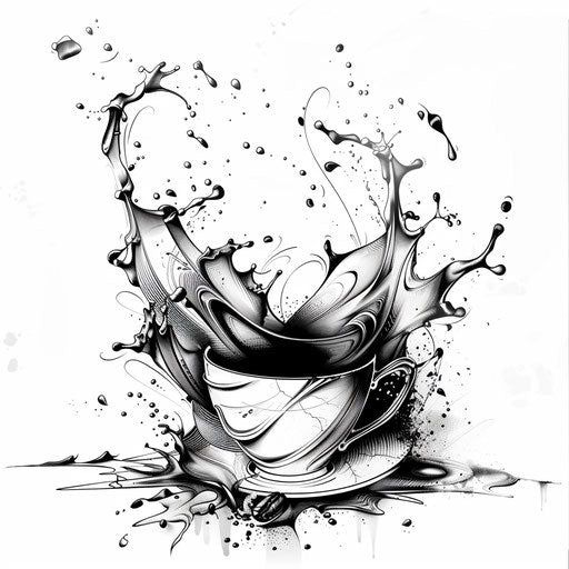 Dynamic tattoo sketch of a coffee splash, clipart style with sharp black and white contrasts