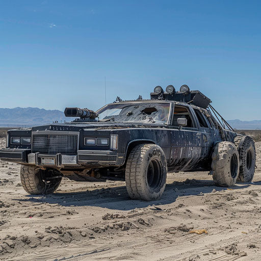 Armored Cadillac Coupe DeVille in post-apocalyptic wasteland
