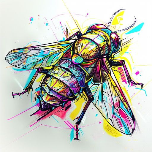 Futuristic tattoo design of a cicada with neon colors and sharp angles in clipart style