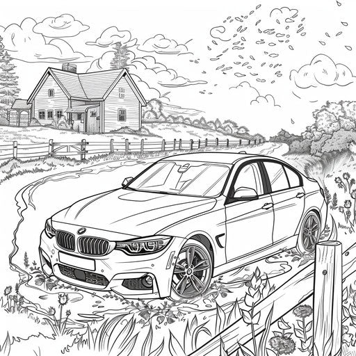 BMW car playfully interacting with countryside elements Teagan White coloring book style