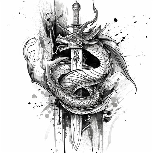Sketch of a dragon wrapped around a sword tattoo