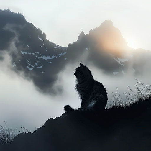 Pallas's cat silhouette against misty mountain, Vincent Munier style
