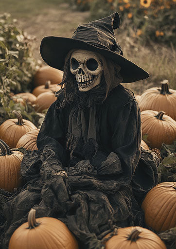 Scarecrow with skull-like face, sitting in a pumpkin patch at Halloween