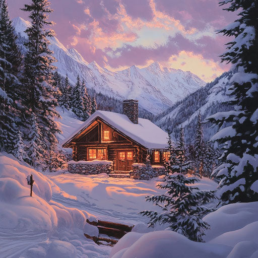 Cozy mountain cabin at dusk, landscape covered in fresh snow, warm light