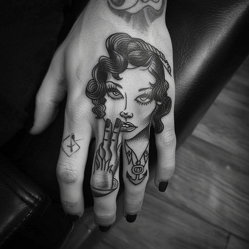 Hand tattoo for men with classic pin-up girls and anchors, in the style of Sailor Jerry