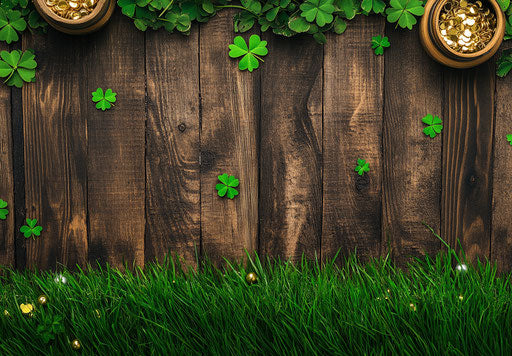St. Patrick's Day banner with green grass, pot of gold, and clover decoration